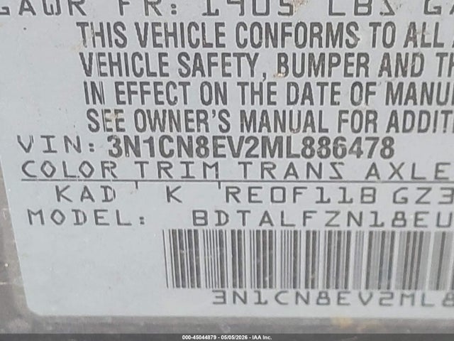 45044879 :رقم المزاد ، 3N1CN8EV2ML886478 vin ، 2021 Nissan Versa Sv Xtronic Cvt مزاد بيع