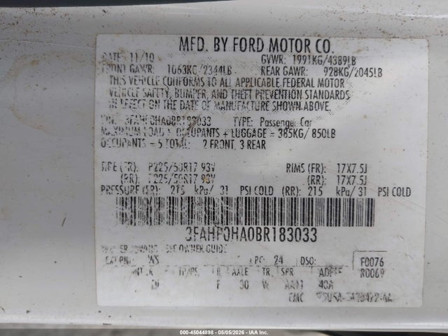 Aukcja sprzedaży 2011 Ford Fusion Se, vin: 3FAHP0HA0BR183033, numer aukcji: 45044898