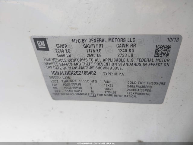 45044903 :رقم المزاد ، 1GNALDEK2EZ108482 vin ، 2014 Chevrolet Equinox Ltz مزاد بيع