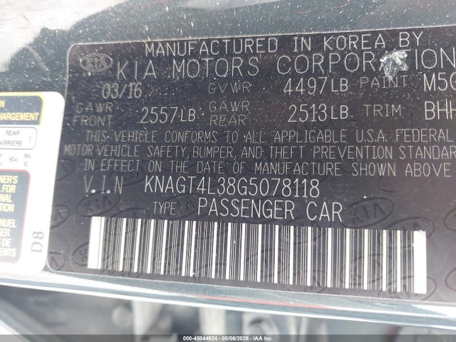 2016 Kia Optima Lx მანქანა იყიდება აუქციონზე, vin: KNAGT4L38G5078118, აუქციონის ნომერი: 45044924
