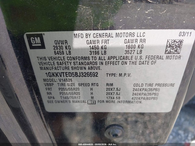 Продаж на аукціоні авто 2011 Gmc Acadia Denali, vin: 1GKKVTED5BJ326692, номер лоту: 45044928