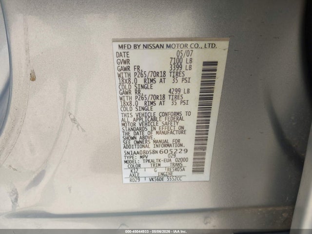 2008 Nissan Armada Se მანქანა იყიდება აუქციონზე, vin: 5N1AA08D58N605229, აუქციონის ნომერი: 45044933