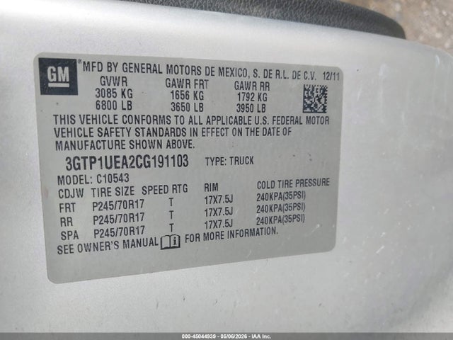 Продаж на аукціоні авто 2012 Gmc Sierra 1500 Sl, vin: 3GTP1UEA2CG191103, номер лоту: 45044939