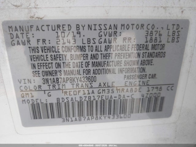 3N1AB7AP8KY433600 Nissan SENTRA SV