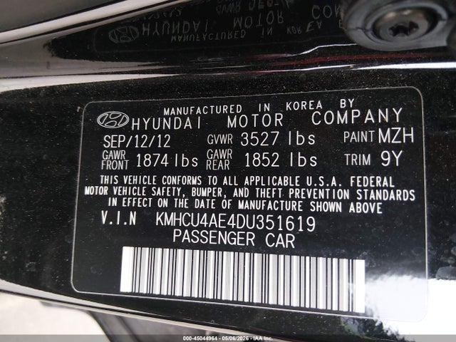 2013 Hyundai Accent Gls მანქანა იყიდება აუქციონზე, vin: KMHCU4AE4DU351619, აუქციონის ნომერი: 45044964
