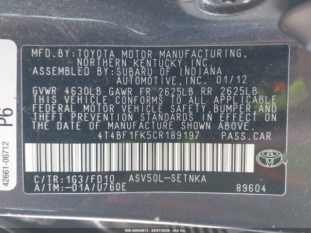 Aukcja sprzedaży 2012 Toyota Camry Le, vin: 4T4BF1FK5CR189197, numer aukcji: 45044972