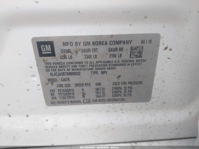 2019 Buick Encore Fwd Preferred მანქანა იყიდება აუქციონზე, vin: KL4CJASB7KB898032, აუქციონის ნომერი: 45044980