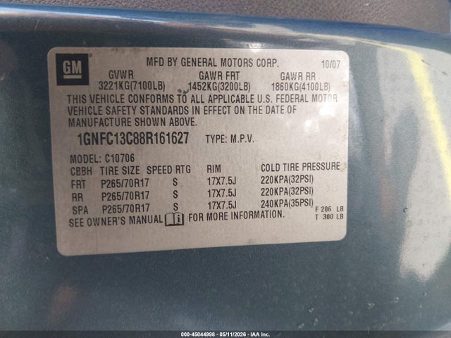 Aukcja sprzedaży 2008 Chevrolet Tahoe Ls, vin: 1GNFC13C88R161627, numer aukcji: 45044998