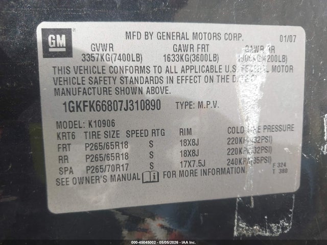 45045002 :رقم المزاد ، 1GKFK66807J310890 vin ، 2007 Gmc Yukon Xl 1500 Denali مزاد بيع