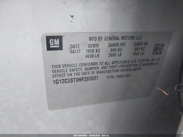 Aukcja sprzedaży 2017 Chevrolet Malibu 1fl, vin: 1G1ZC5ST9HF260031, numer aukcji: 45045005