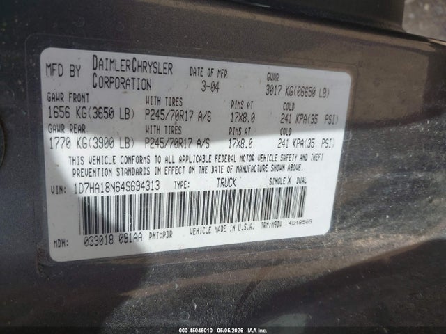 2004 Dodge Ram 1500 Slt/laramie მანქანა იყიდება აუქციონზე, vin: 1D7HA18N64S694313, აუქციონის ნომერი: 45045010
