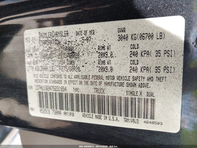 Aukcja sprzedaży 2007 Dodge Ram 1500 Slt/trx4 Off Road/sport, vin: 1D7HU18247S231894, numer aukcji: 45045014