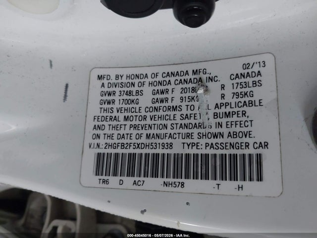 45045016 :رقم المزاد ، 2HGFB2F5XDH531938 vin ، 2013 Honda Civic Lx مزاد بيع
