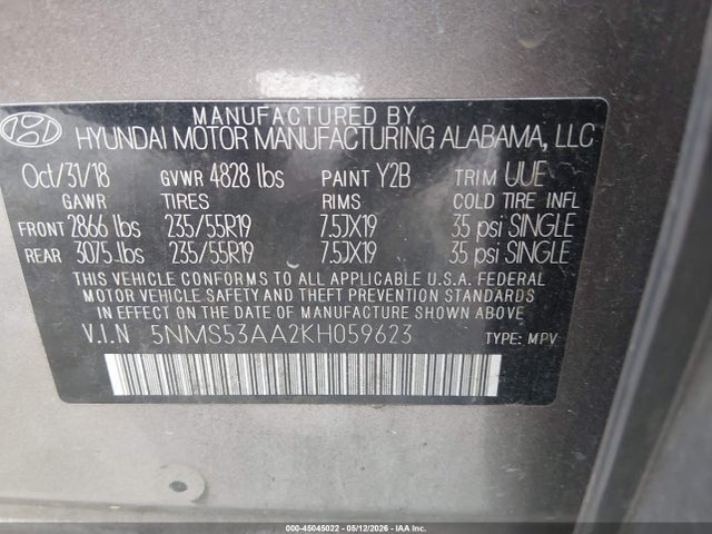 2019 Hyundai Santa Fe Limited 2.0t მანქანა იყიდება აუქციონზე, vin: 5NMS53AA2KH059623, აუქციონის ნომერი: 45045022