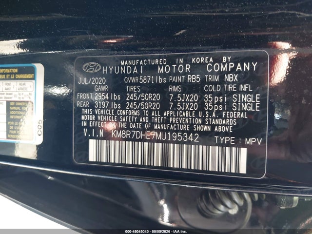Aukcja sprzedaży 2021 Hyundai Palisade Calligraphy, vin: KM8R7DHE7MU195342, numer aukcji: 45045040