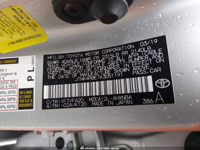 Продажа на аукционе авто 2019 Toyota Corolla Se, vin: JTNK4RBE1K3051191, номер лота: 45045041