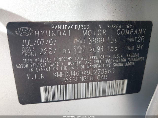 Продаж на аукціоні авто 2008 Hyundai Elantra Gls/se, vin: KMHDU46DX8U273969, номер лоту: 45045052