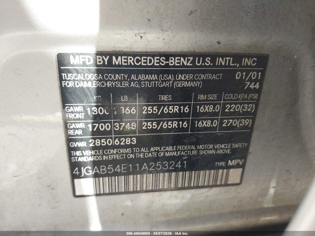 45045055 :رقم المزاد ، 4JGAB54E11A253241 vin ، 2001 Mercedes-benz Ml 320 مزاد بيع
