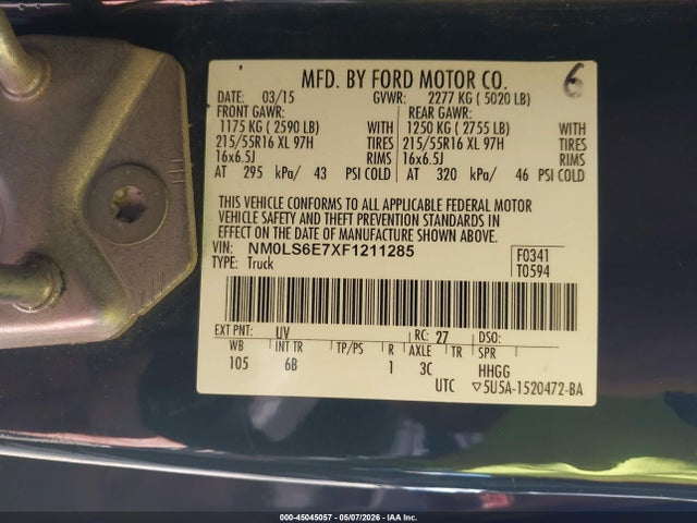 2015 Ford Transit Connect Xl მანქანა იყიდება აუქციონზე, vin: NM0LS6E7XF1211285, აუქციონის ნომერი: 45045057
