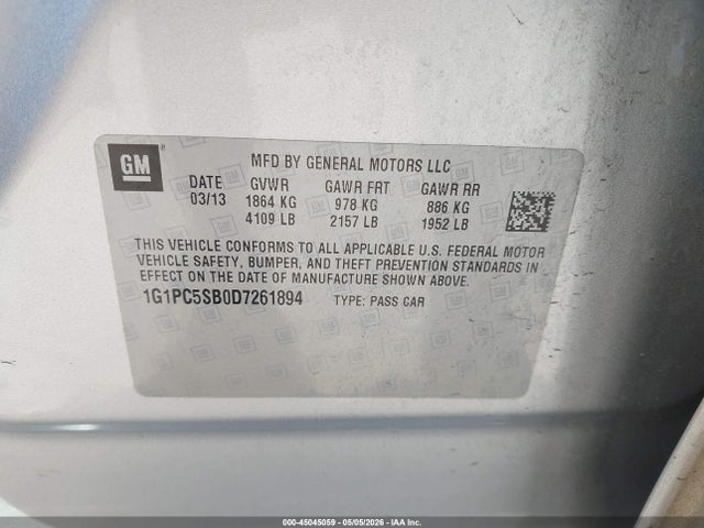 45045059 :رقم المزاد ، 1G1PC5SB0D7261894 vin ، 2013 Chevrolet Cruze 1lt Auto مزاد بيع