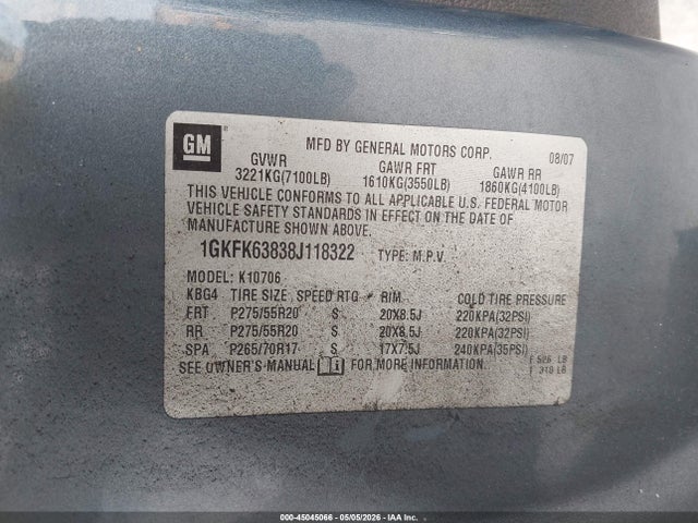 Продаж на аукціоні авто 2008 Gmc Yukon Denali, vin: 1GKFK63838J118322, номер лоту: 45045066