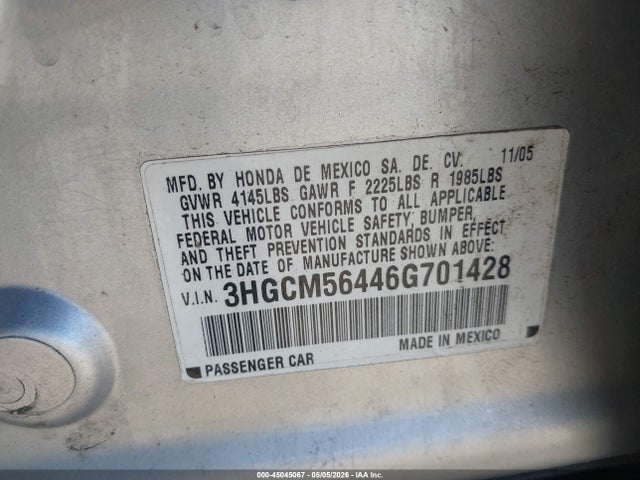 Продаж на аукціоні авто 2006 Honda Accord 2.4 Lx, vin: 3HGCM56446G701428, номер лоту: 45045067