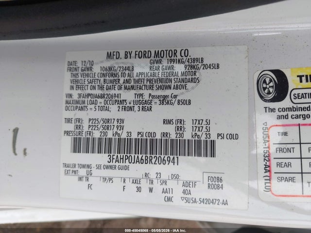 Aukcja sprzedaży 2011 Ford Fusion Sel, vin: 3FAHP0JA6BR206941, numer aukcji: 45045068