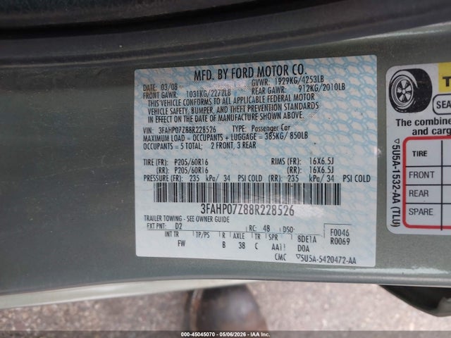 Продажа на аукционе авто 2008 Ford Fusion Se, vin: 3FAHP07Z88R228526, номер лота: 45045070