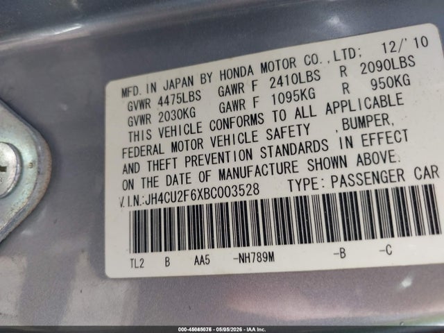 2011 Acura Tsx 2.4 მანქანა იყიდება აუქციონზე, vin: JH4CU2F6XBC003528, აუქციონის ნომერი: 45045076