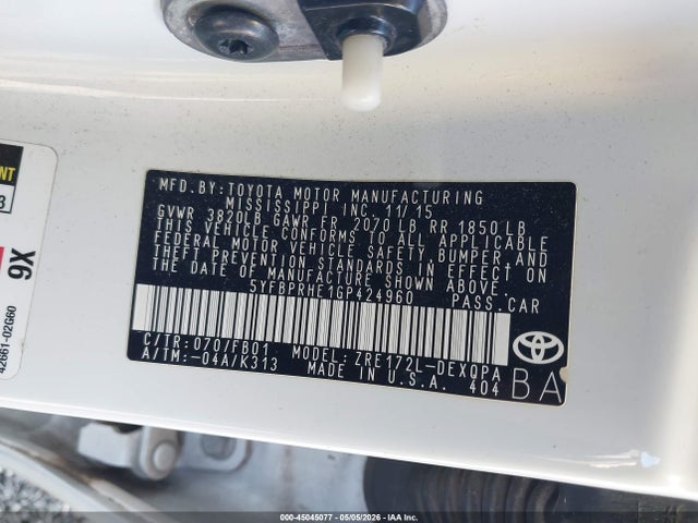 Продажа на аукционе авто 2016 Toyota Corolla Le Eco, vin: 5YFBPRHE1GP424960, номер лота: 45045077