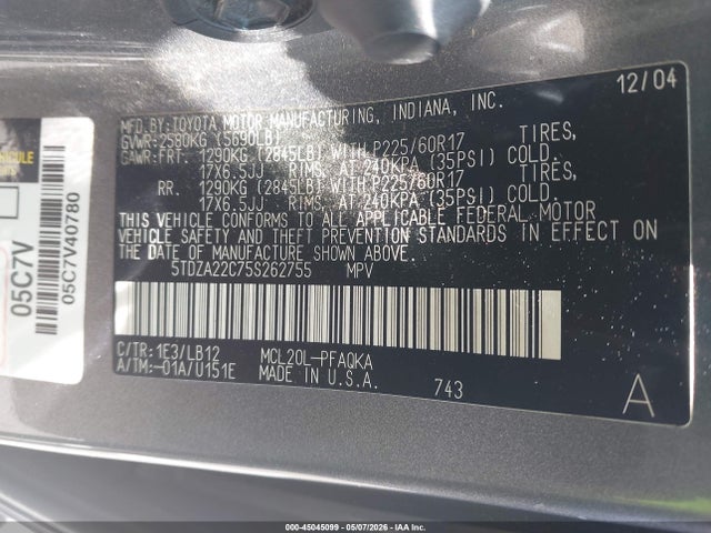 2005 Toyota Sienna Xle Limited მანქანა იყიდება აუქციონზე, vin: 5TDZA22C75S262755, აუქციონის ნომერი: 45045099