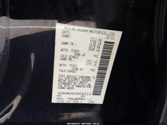45045100 :رقم المزاد ، 5N1BA0NC0CN603512 vin ، 2012 Nissan Armada Platinum مزاد بيع