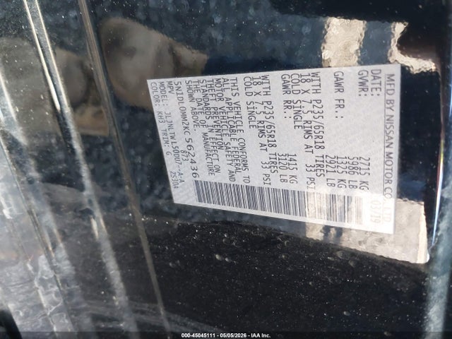 45045111 :رقم المزاد ، 5N1DL0MM2KC562436 vin ، 2019 Infiniti Qx60 Luxe مزاد بيع