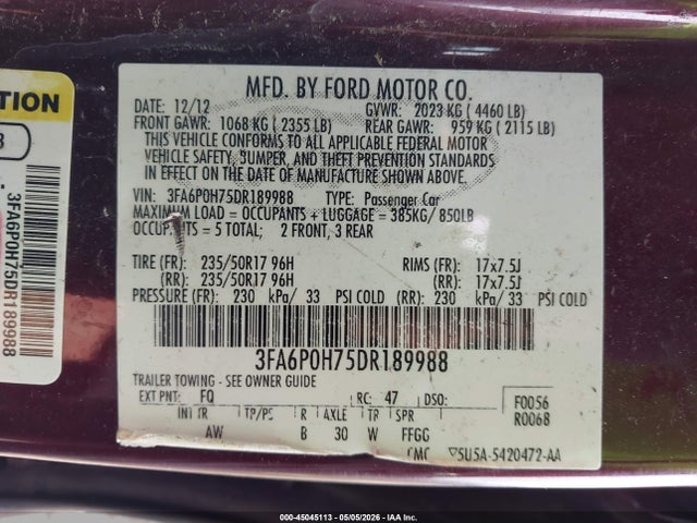 Продажа на аукционе авто 2013 Ford Fusion Se, vin: 3FA6P0H75DR189988, номер лота: 45045113