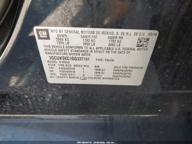45045116 :رقم المزاد ، 3GCUKSEC1GG337101 vin ، 2016 Chevrolet Silverado 1500 2lz مزاد بيع