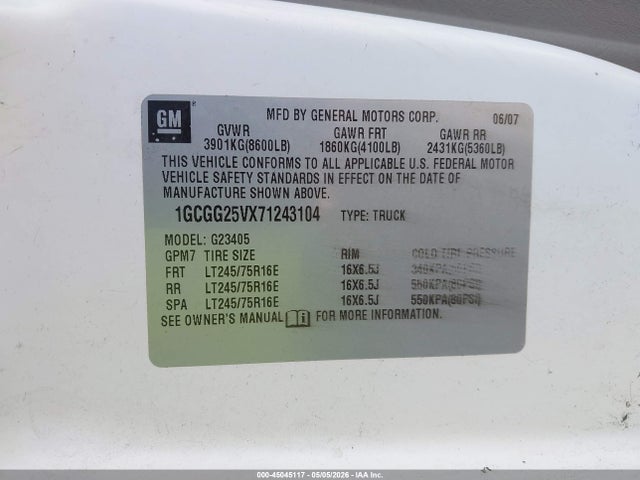 Aukcja sprzedaży 2007 Chevrolet Express Work Van, vin: 1GCGG25VX71243104, numer aukcji: 45045117