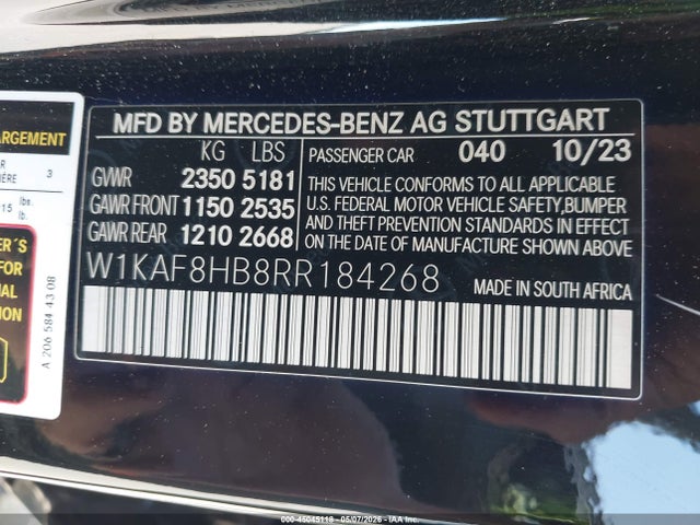 Aukcja sprzedaży 2024 Mercedes-benz Amg C 43 4matic, vin: W1KAF8HB8RR184268, numer aukcji: 45045118