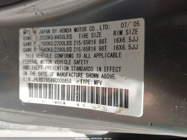 Aukcja sprzedaży 2006 Honda Cr-v Lx, vin: JHLRD78586C000858, numer aukcji: 45045134