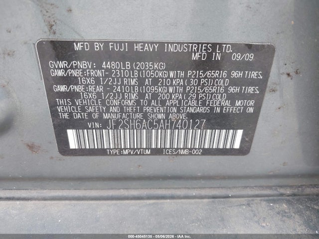 2010 Subaru Forester 2.5x მანქანა იყიდება აუქციონზე, vin: JF2SH6AC5AH740127, აუქციონის ნომერი: 45045135