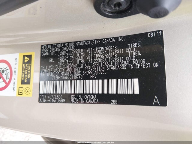 Aukcja sprzedaży 2011 Lexus Rx 350, vin: 2T2BK1BA6BC118749, numer aukcji: 45045139