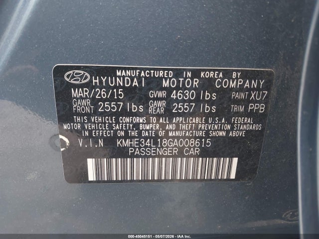 Продаж на аукціоні авто 2016 Hyundai Sonata Hybrid Limited, vin: KMHE34L18GA008615, номер лоту: 45045151