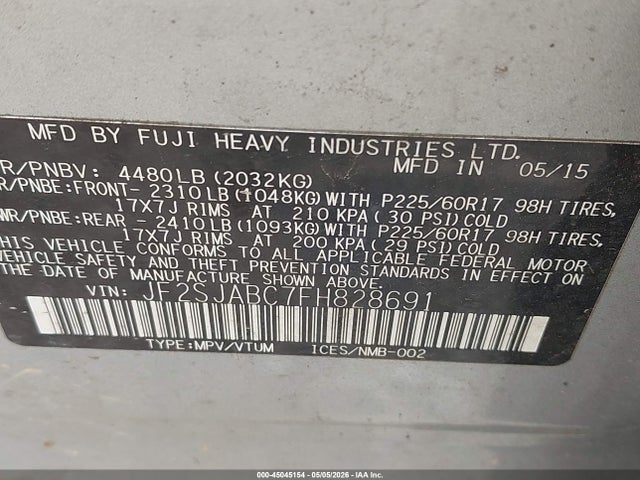 Продаж на аукціоні авто 2015 Subaru Forester 2.5i, vin: JF2SJABC7FH828691, номер лоту: 45045154
