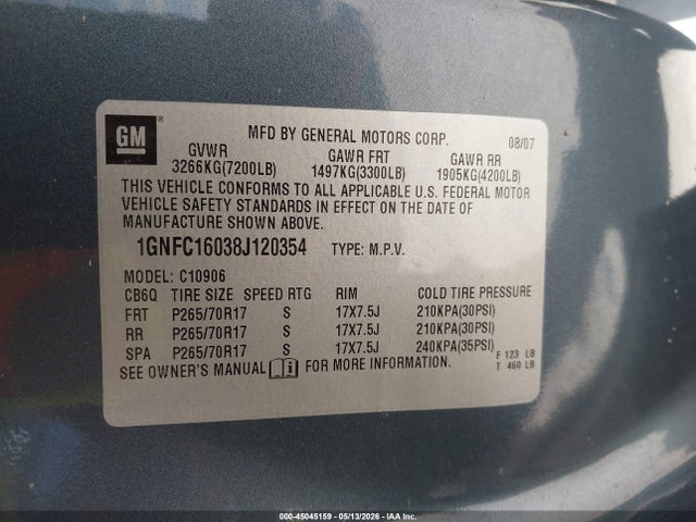 Aukcja sprzedaży 2008 Chevrolet Suburban 1500 Lt, vin: 1GNFC16038J120354, numer aukcji: 45045159