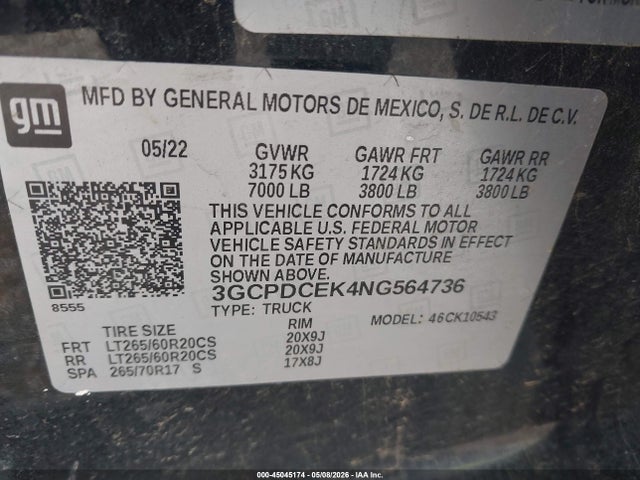 Aukcja sprzedaży 2022 Chevrolet Silverado 1500 4wd  Short Bed Custom Trail Boss, vin: 3GCPDCEK4NG564736, numer aukcji: 45045174