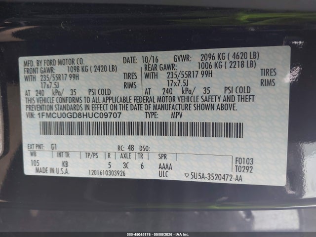 Aukcja sprzedaży 2017 Ford Escape Se, vin: 1FMCU0GD8HUC09707, numer aukcji: 45045176