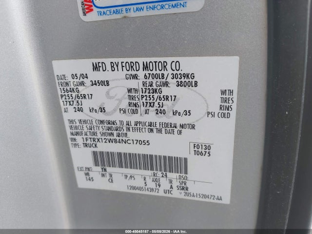 45045187 :رقم المزاد ، 1FTRX12W84NC17055 vin ، 2004 Ford F-150 Stx/xl/xlt مزاد بيع