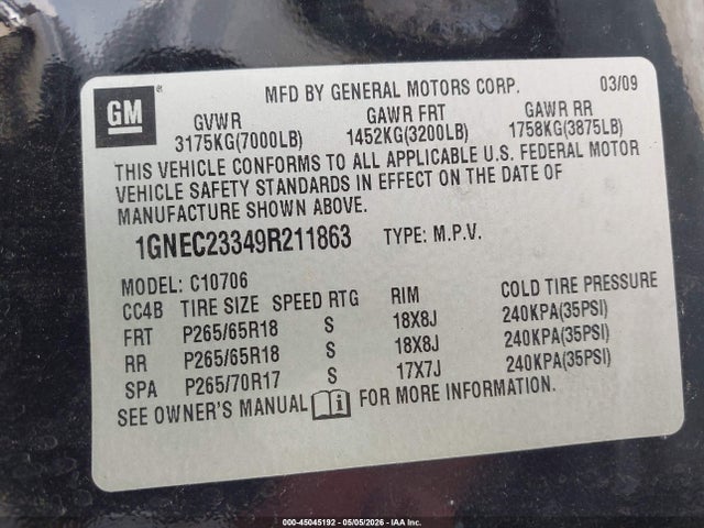 2009 Chevrolet Tahoe Lt1 მანქანა იყიდება აუქციონზე, vin: 1GNEC23349R211863, აუქციონის ნომერი: 45045192