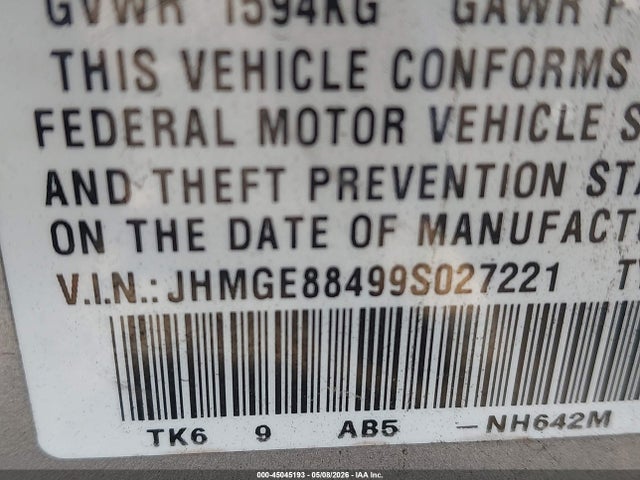 Продаж на аукціоні авто 2009 Honda Fit Sport, vin: JHMGE88499S027221, номер лоту: 45045193