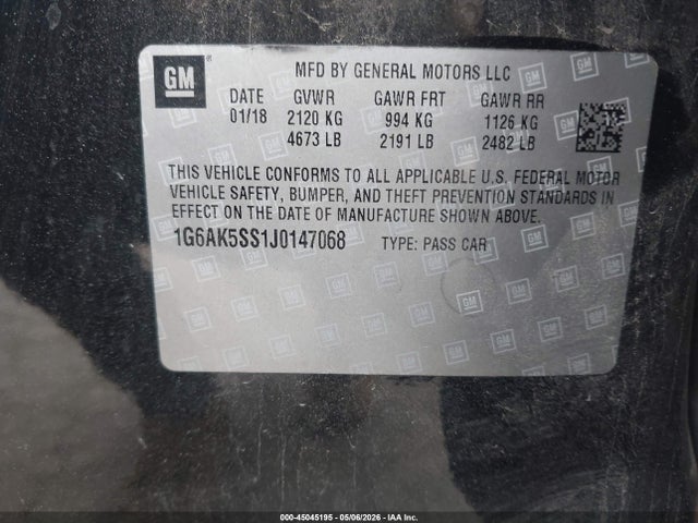 45045195 :رقم المزاد ، 1G6AK5SS1J0147068 vin ، 2018 Cadillac Ats Premium Luxury مزاد بيع
