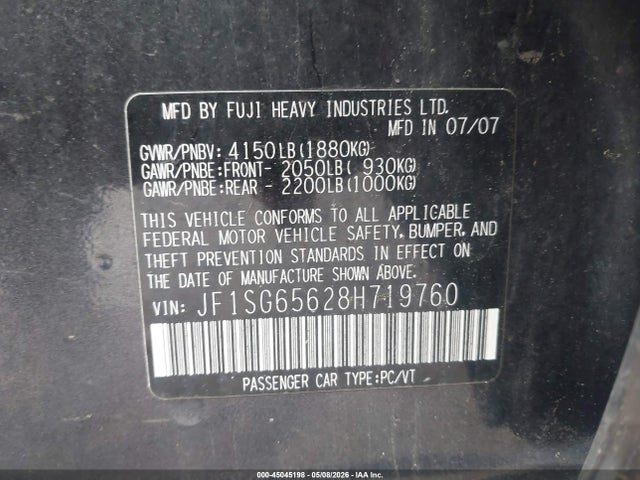 45045198 :رقم المزاد ، JF1SG65628H719760 vin ، 2008 Subaru Forester 2.5x مزاد بيع